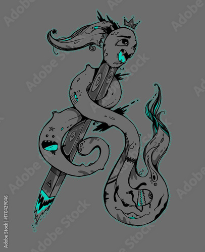 Funny crazy match inside of fire-monster. Modern abstract illustration. Can be used like sticker, cover, background.