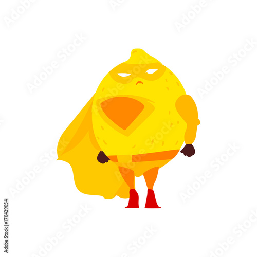 Funny lemon fruit hero, superhero character, guard, defendor, flat style cartoon vector illustrations isolated on white background. Lemon fruit hero, superhero character in mask and cape