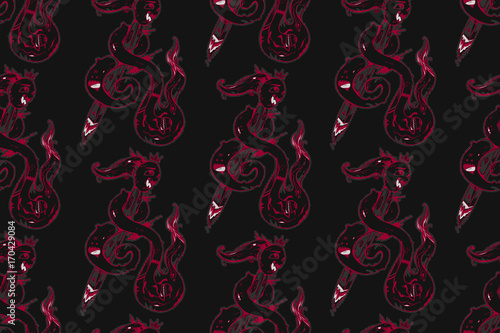 Abstract seamless pattern. Repeated texture with doodle characters. Black and red colors. It can be used as wallpaper, desktop, printing, wrapping, fabric or background for your blog, covers.