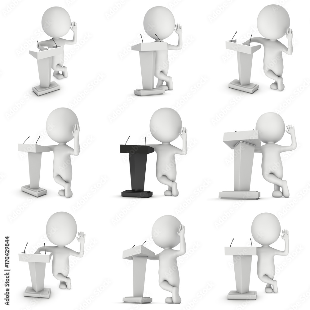 3d Speaker Podium and small man set. Tribune Rostrum Stand with Microphones. 3d render isolated on white background. Debate, press conference concept