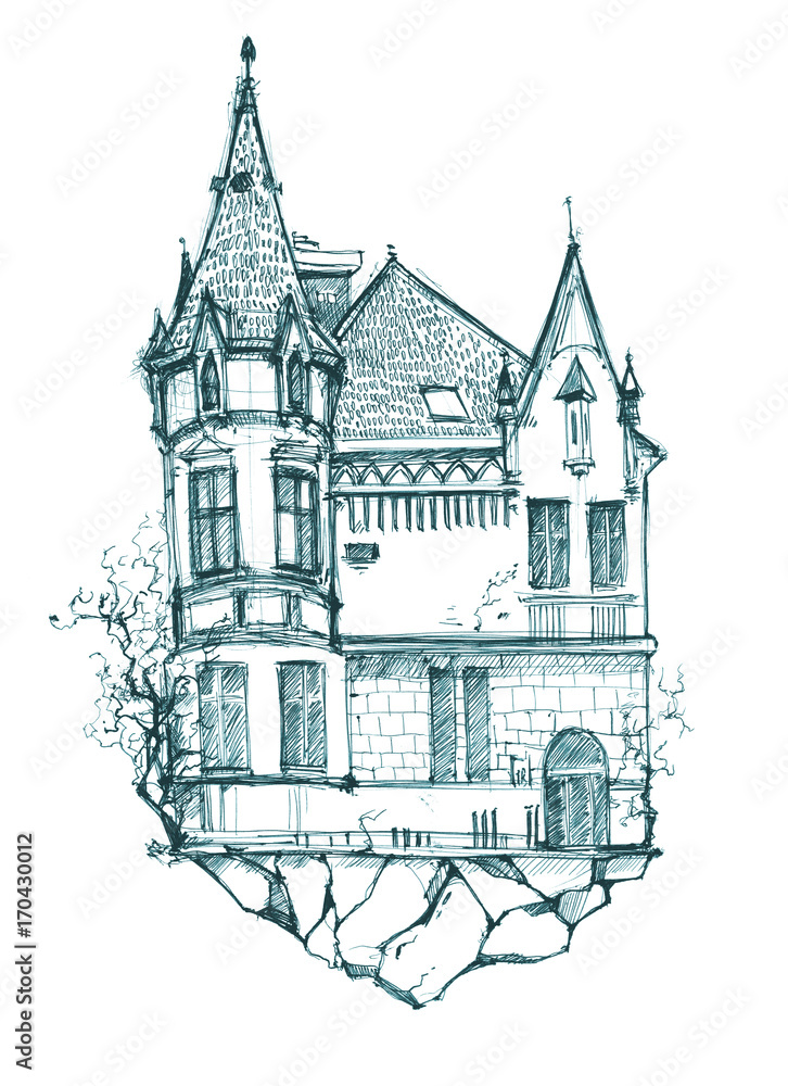 Beautiful old house with sloping roofs and spiers. Gothic style. Dream House. House floating in the air. Sketch of the mansion.