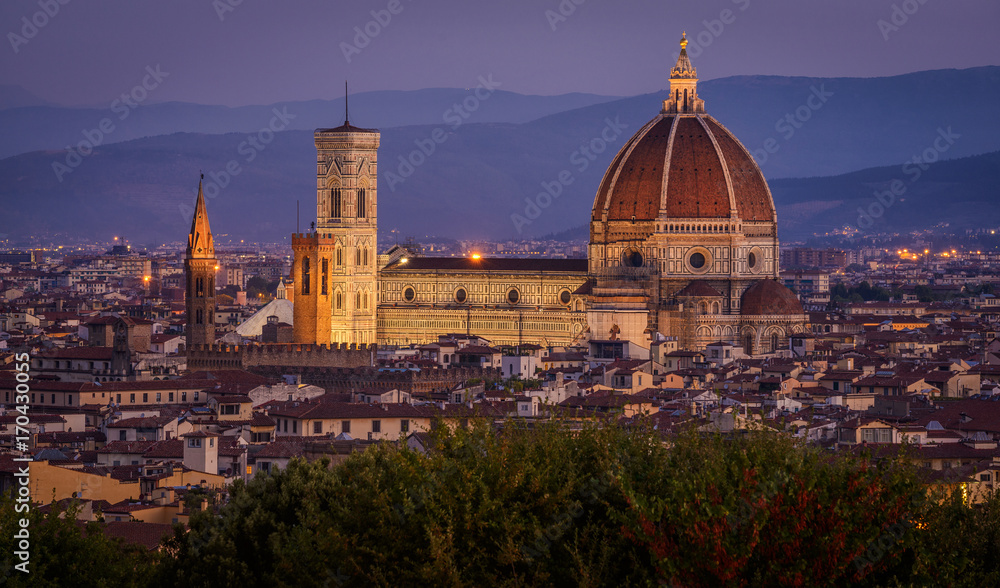 Cathedral Santa Maria of the Flowers, Piazza del Duomo, Florence, Tuscany, Italy, Europe. The Basilica having its last minutes of artificial lighting before sunrise.