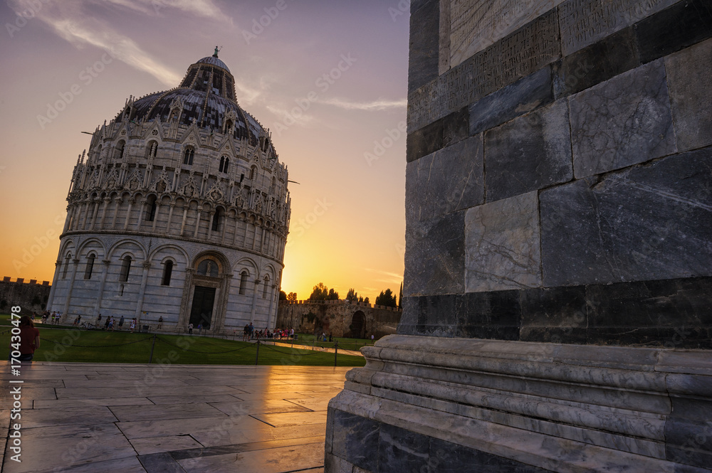 The Baptistery at The Leaning Tower, Piazza dei Miracoli, Duomo, Pisa, Tuscany, Italy, Europe.