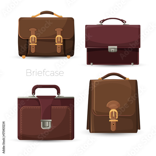 Brown leather cases for documents and papers. Collection of briefcases