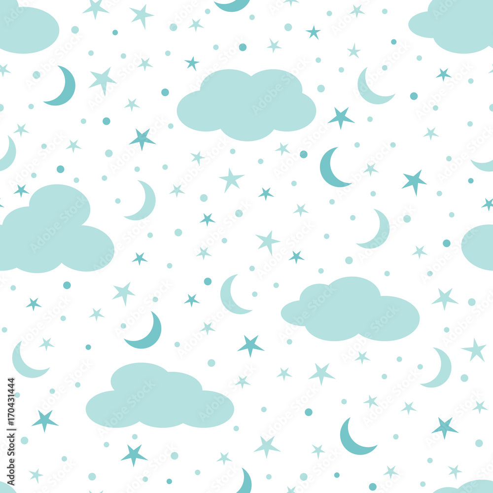 Clouds, moon and stars in the sky. Seamless pattern. Vector illustration