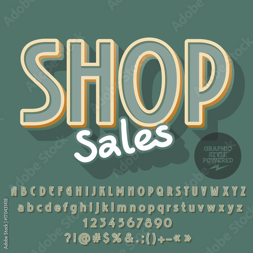 Creative vector alphabet set. Font with text Shop Sales. Contains graphic style.