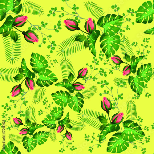 Yellow Background with Pink Flowers  Seamless Pattern