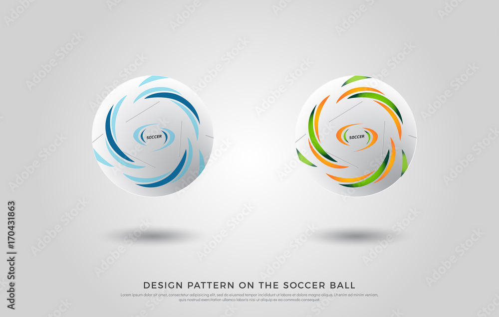 design pattern on the soccer ball. green, orange and blue color on the football mock up. Vector Illustration