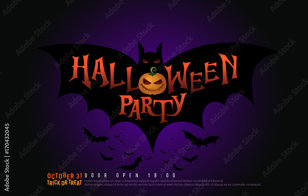 Halloween Party Design template with pumpkin and bat on dark background. october 31 Halloween Party Trick or Treat Logo Design for Banner, Poster, card vector illustrator
