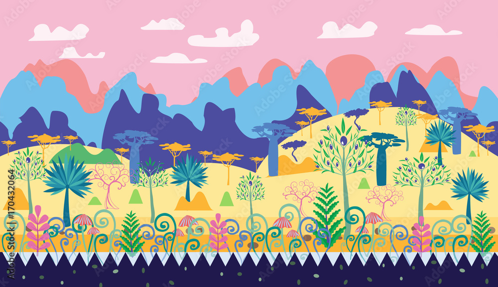 A beautiful magic forest scene illustration, fantasy forest template with trees, mushrooms, mountain.
