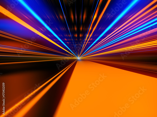 Light motion. Speed motion on the neon glowing road at dark. Speed motion on the road. Colored light streaks acceleration. Abstract illustration. Pink Orange and Blue motion streaks.
