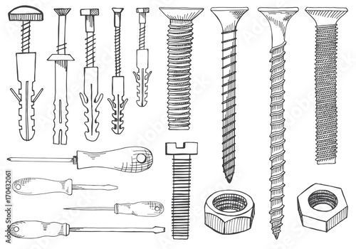 Set of tools and fasteners. Screwdriver, wrench, spanner, hex key, screw, rawlplug, nail expansion anchor, nut. Hand drawn illustration in vector sketch style.