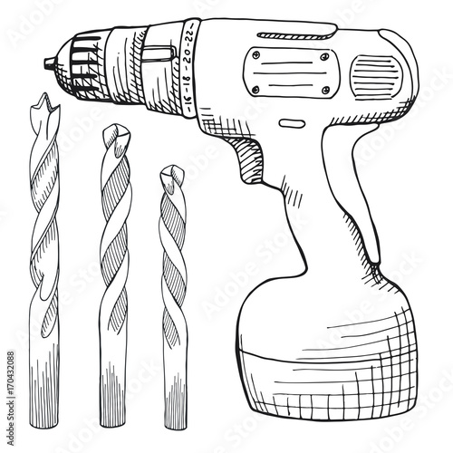 Set of screw gun, and wood drill. Tools illustration in vector sketch style.