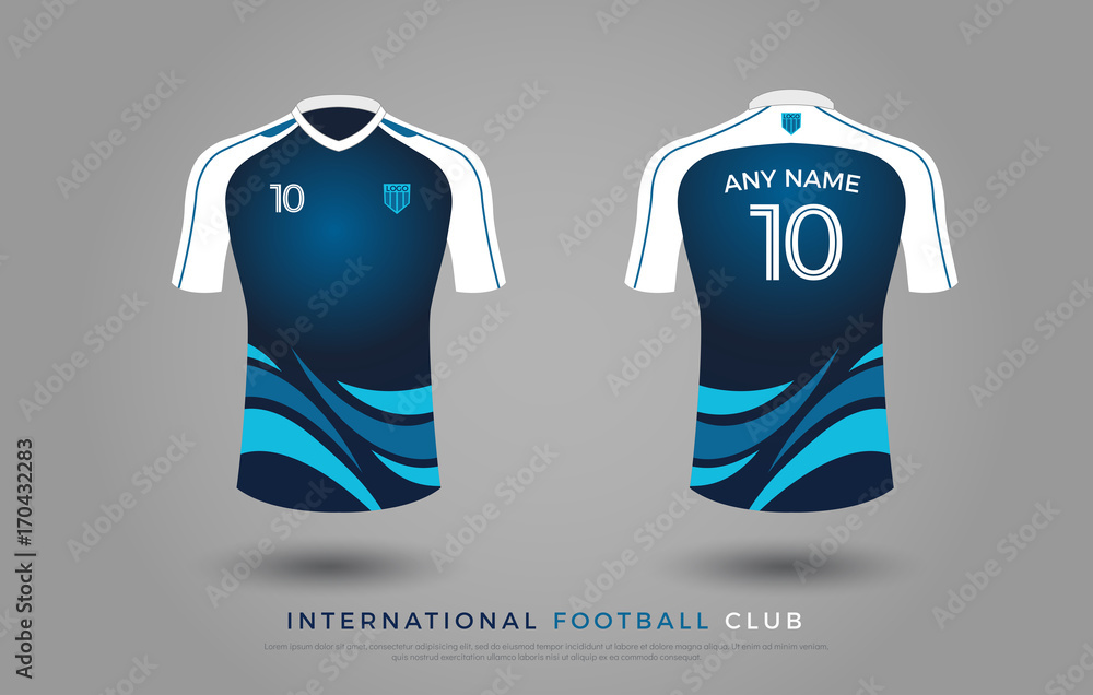 soccer t-shirt design uniform set of soccer kit. football jersey template  for football club. blue and white color, front and back view soccer shirt  mock up. Vector Illustration Stock Vector
