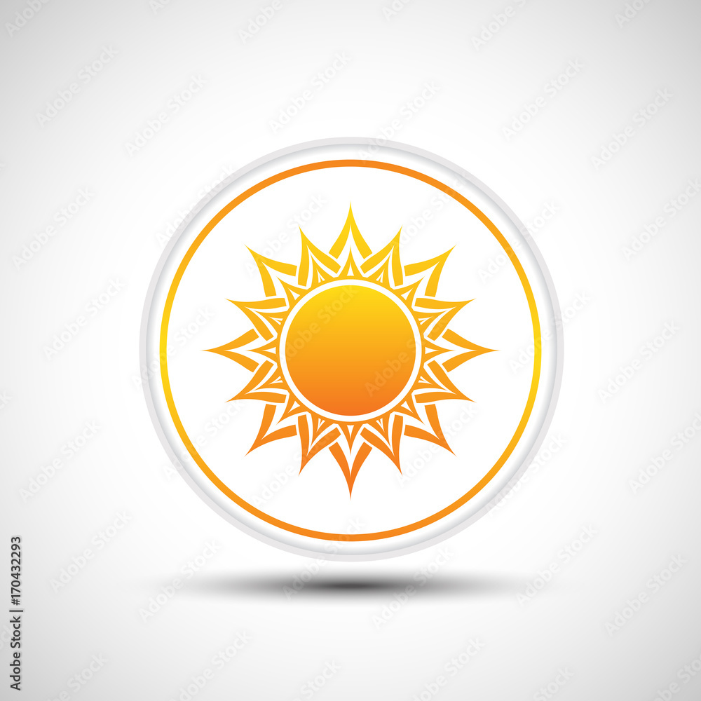 Abstract yellow sun icon. White button with sun.