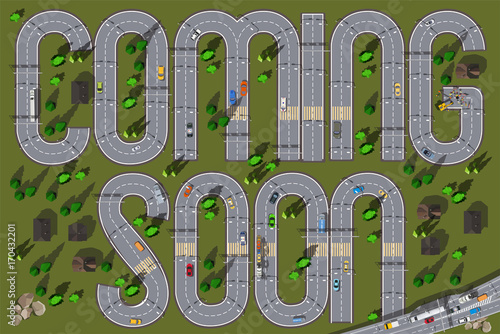 coming soon text on top view road background with cars