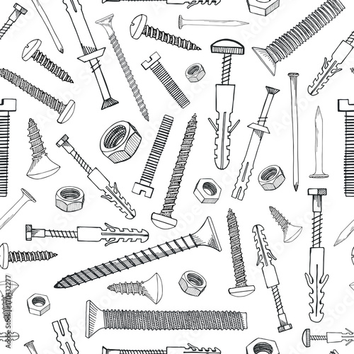 Seamless pattern with different tools. Different fastener on white background. Hand drawn vector illustration of a sketch style. photo