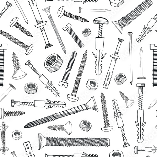 Seamless pattern with different tools. Different fastener on white background. Hand drawn vector illustration of a sketch style.