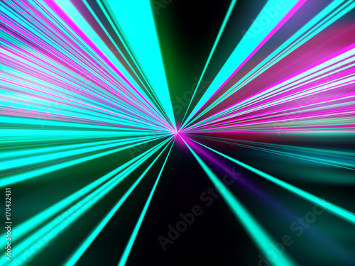 Speed motion on the neon glowing road at dark. Speed motion on the road. Colored light streaks acceleration. Abstract illustration. Blue and Green motion streaks. Space gates.