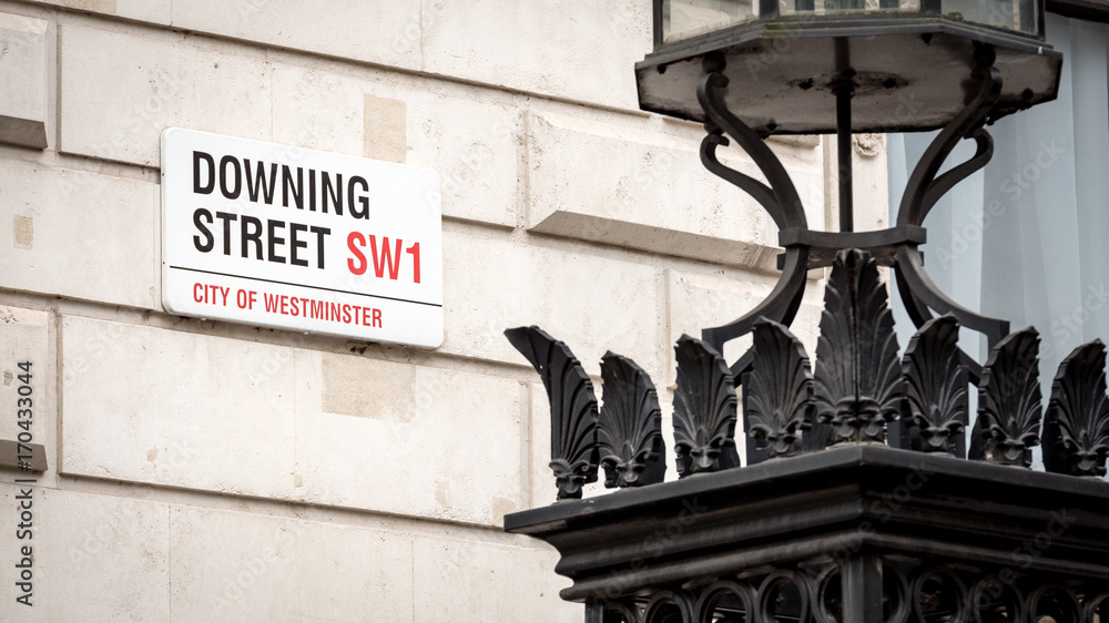 Downing Street, Westminster. Street sign for the official London address of the UK Prime Minister. Downing Street, Westminster. Street sign for the official London address of the UK Prime Minister.