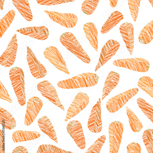 Orange baby carrots. Scratched seamless pattern. Healthy lifestyle. Vegetarian background. Hand drawn vegetable texture. Vegan food.