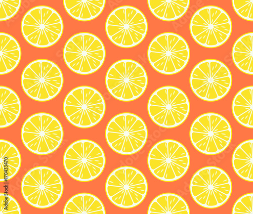Round lemon slices, seamless pattern. Bright tropical fruits. Vector illustration.