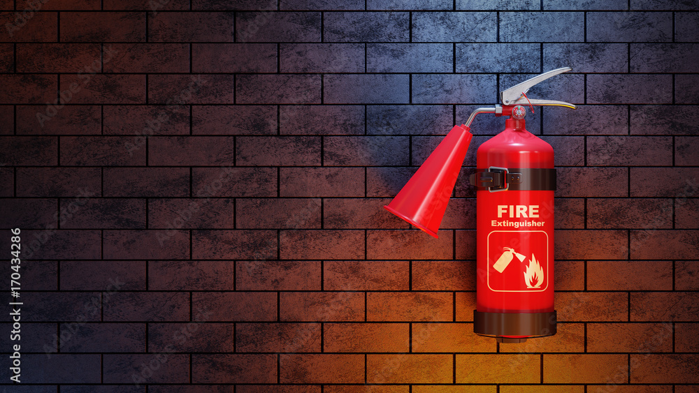 Red fire extinguisher on brick wall