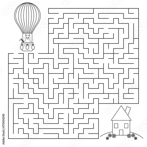 Children's cartoon labyrinth. A cat in a hot air balloon is looking for a house. Coloring page for kid. Vector illustration.