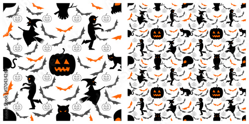 Seamless of Halloween pattern on transparent background. Single pattern is shown in the left. The example of assembly seamless is shown in the right. 