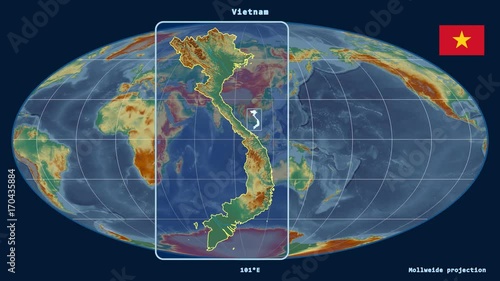 Vietnam - 3D tube zoom (Mollweide projection). Relief