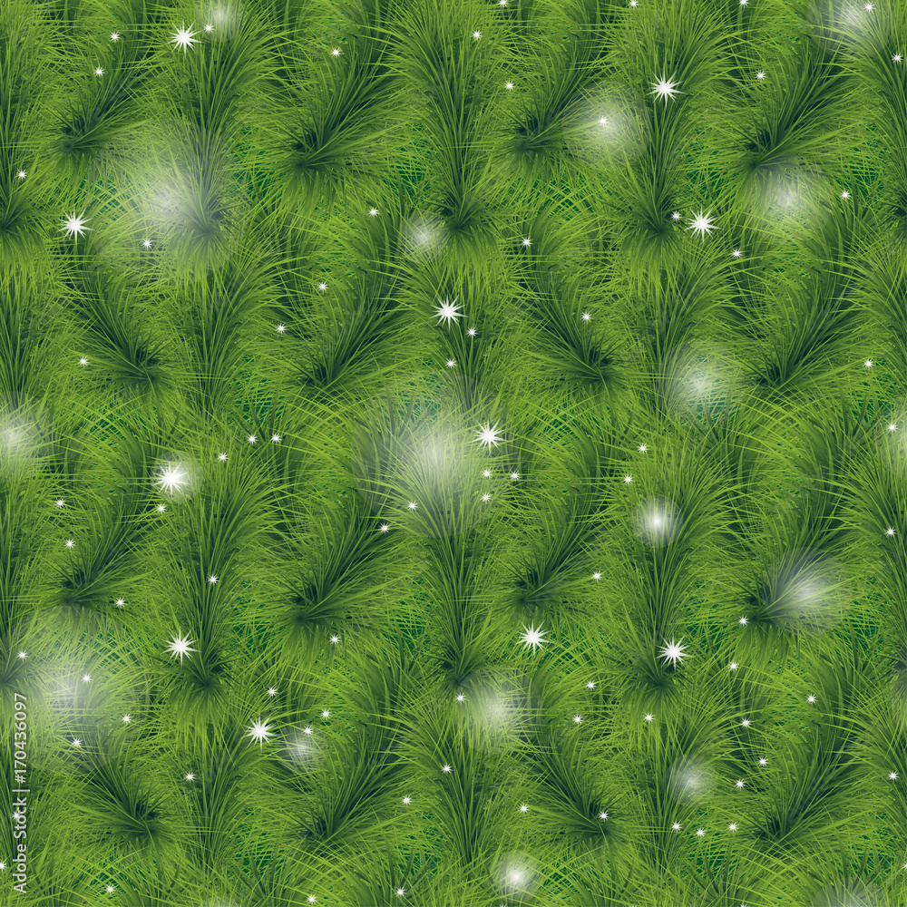 Christmas tree branches seamless pattern. Sparkling lights, falling shiny snowflakes. Evergreen fir twigs background for Christmas and New Year design.