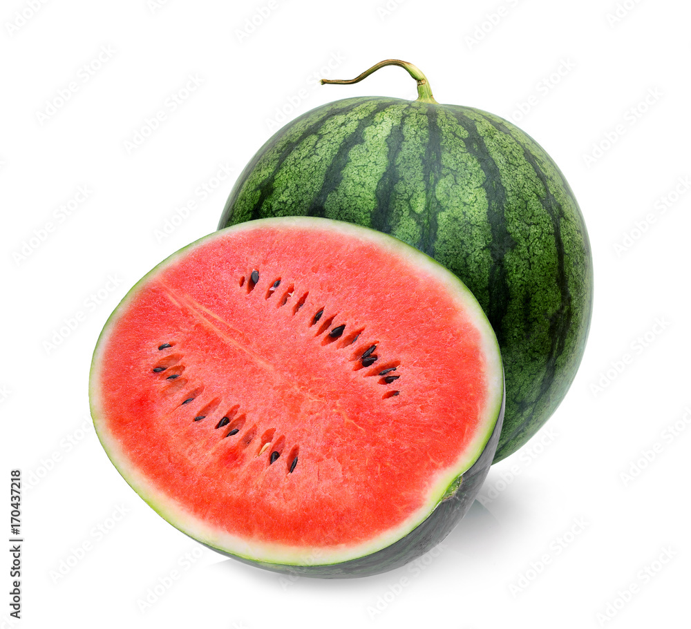 whole and half of watermelon isolated on white background whole and half of watermelon isolated on white background