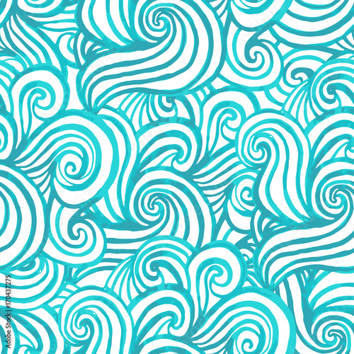 Seamless watercolor sea wave hand-drawn pattern, waves background. Water or wind flow. Can be used for wallpaper, pattern fills, web page, background, surface textures.