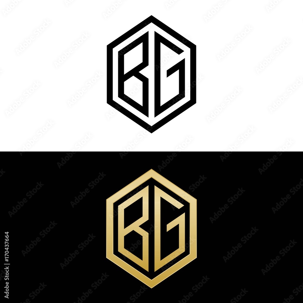 initial letters logo bg black and gold monogram hexagon shape vector