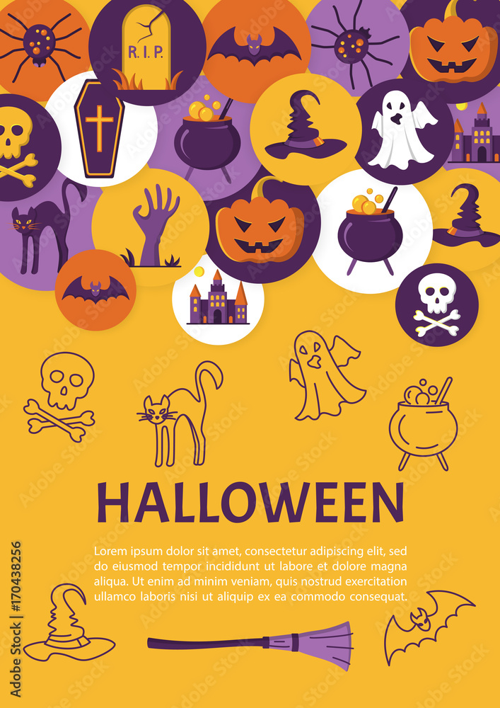 Halloween Banner. Halloween Icons in circles on textured backdro