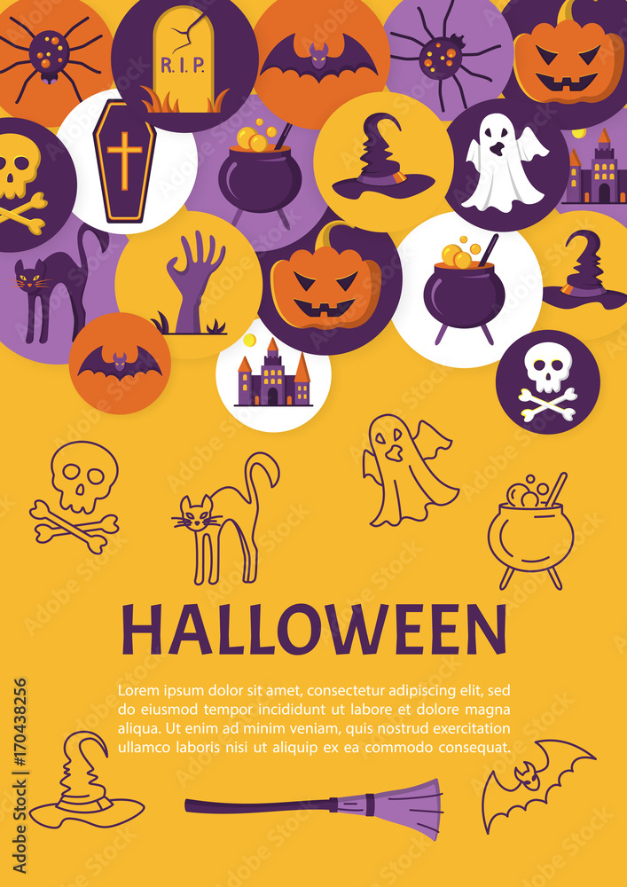 Halloween Banner. Halloween Icons in circles on textured backdro Halloween Banner. Halloween Icons in circles on textured backdro