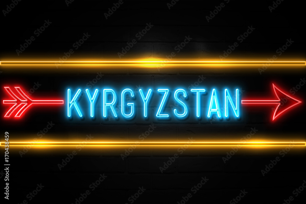 Kyrgyzstan - fluorescent Neon Sign on brickwall Front view Kyrgyzstan - fluorescent Neon Sign on brickwall Front view