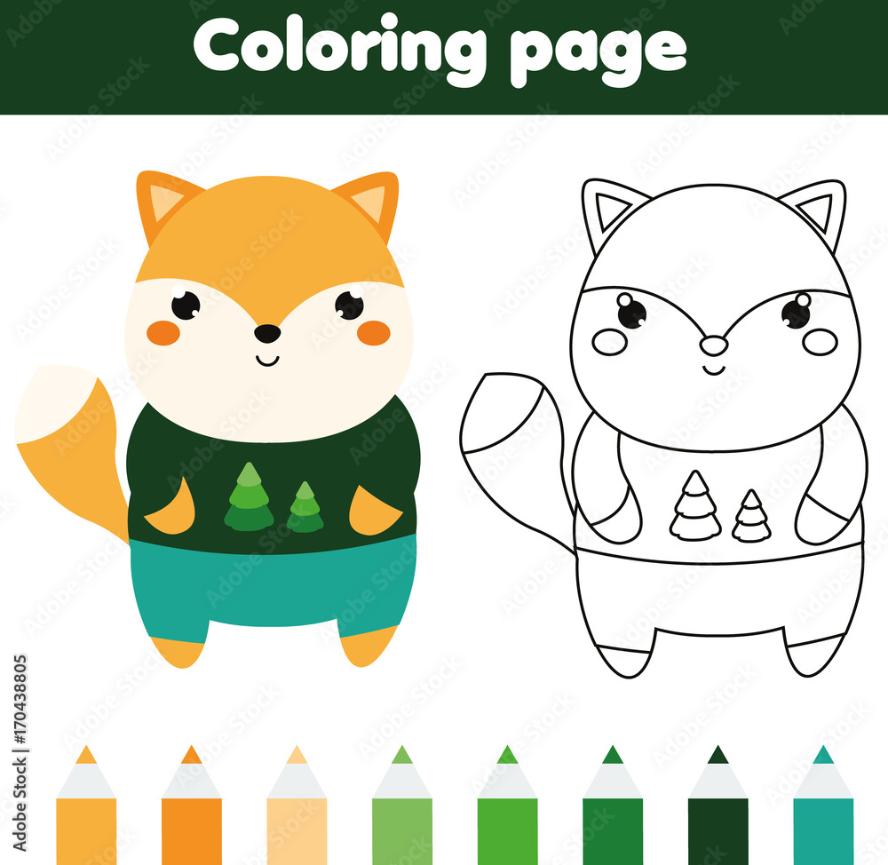 Premium Vector | Color cute cartoon fox. worksheet for kids.