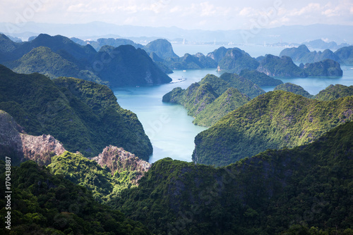 scenic view over Ha Long bay from Cat Ba island  Ha Long city in the background  UNESCO world heritage site  Vietnam