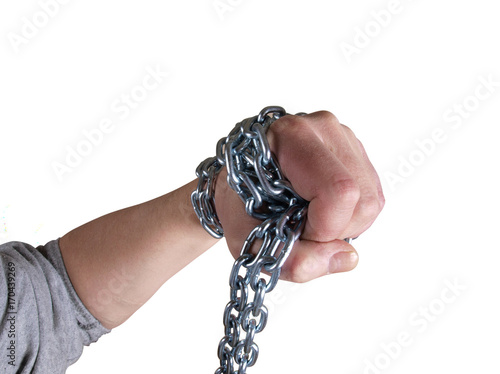 Man's hand and a metal chain on white background