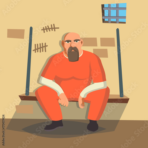Man In Prison Vector. Bandit Arrested And Locked. Isolated On White Cartoon Character Illustration