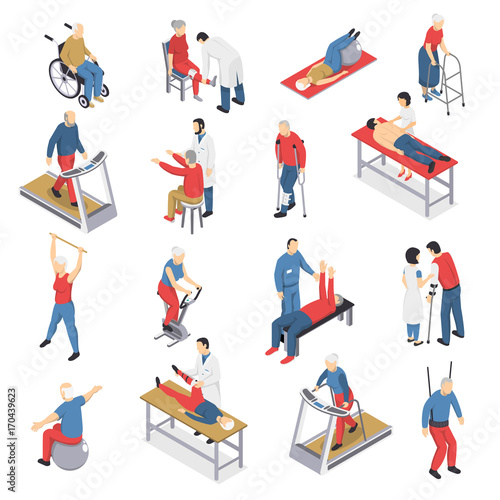 Rehabilitation Physiotherapy Isometric Icons Set