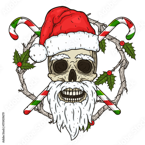 The skull of Santa Claus in the background of the branches of the omella and crossed candies. Santa claus skull.