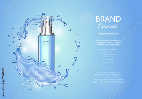Ice toner ads with blue water splash. Transparent spray bottle, water drops , realistic cosmetics product ads