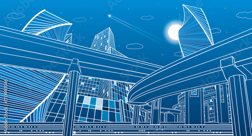 Transportation overpass bridge, urban infrastructure. Modern city on background, skyscrapers and towers. Vector design art