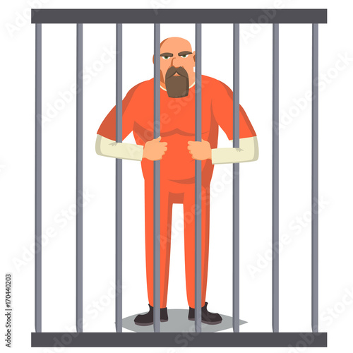 Prisoner Man In Pokey Vector. Outlaw Robber Arrested And Locked. Cartoon Character Illustration