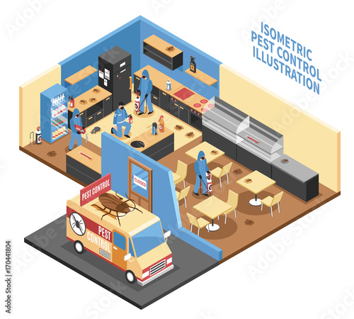 Pest Control In Cafe Isometric Illustration