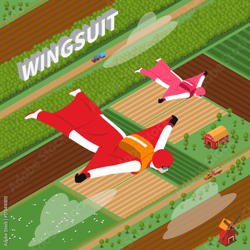 Skydivers In Wing Suit Isometric Illustration