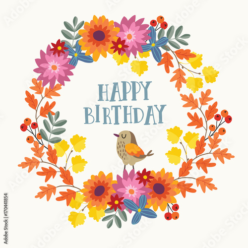 Cute hand drawn autumn birthday greeting card, invitation with bird and wreath made of mums flowers and colorful maple and oak leaves. Fall season concept. Isolated vector illustration.