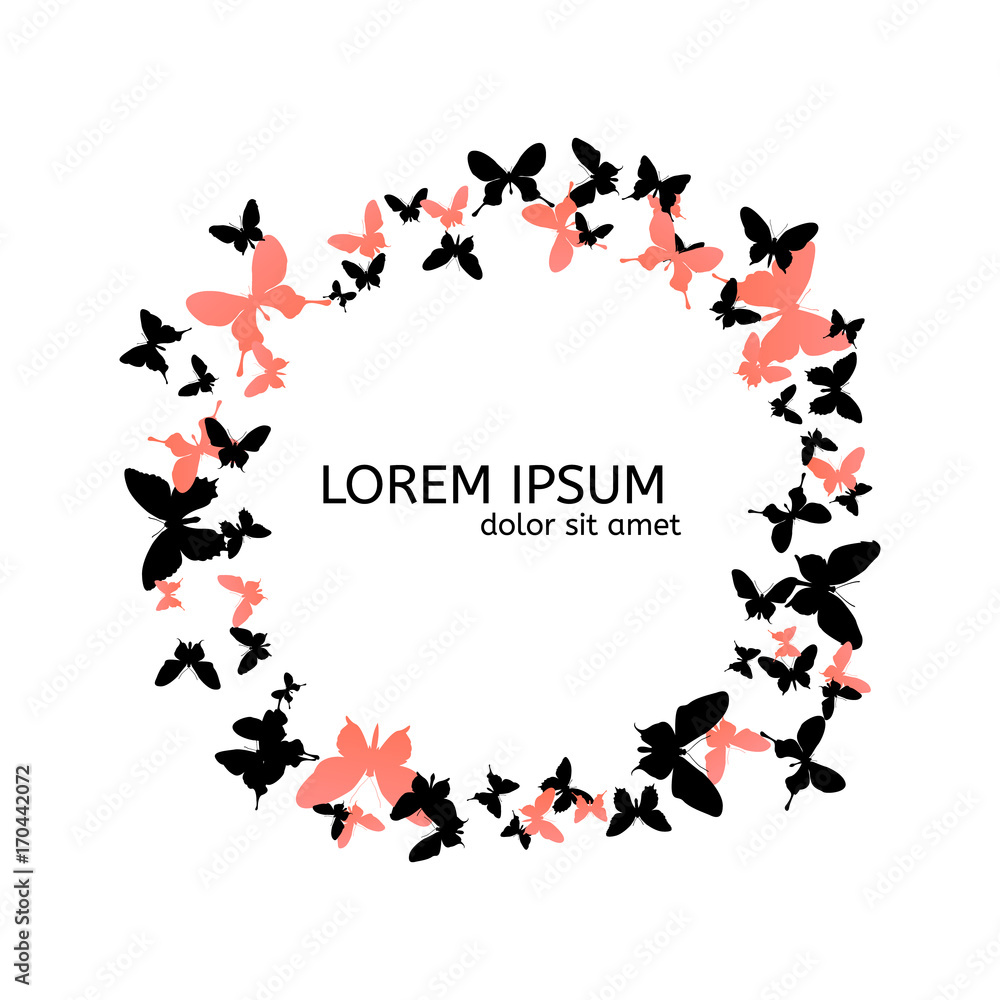 Black and orange round frame of butterflies. Vector illustration